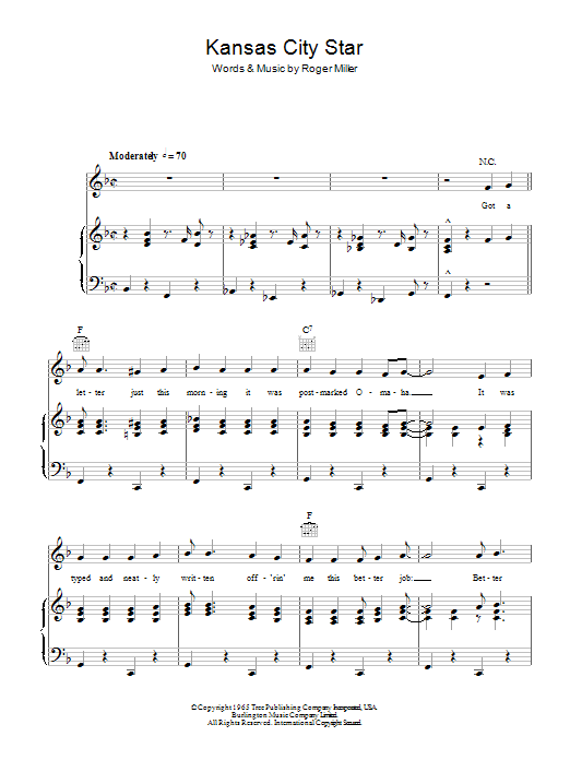 Learn to play Roger Miller Kansas City Star sheet music for Piano, Vocal & Guitar Chords in minutes. Price: 7.8900$ Roger Miller Kansas City Star sheet music notes and chords arranged for Piano, Vocal & Guitar Chords