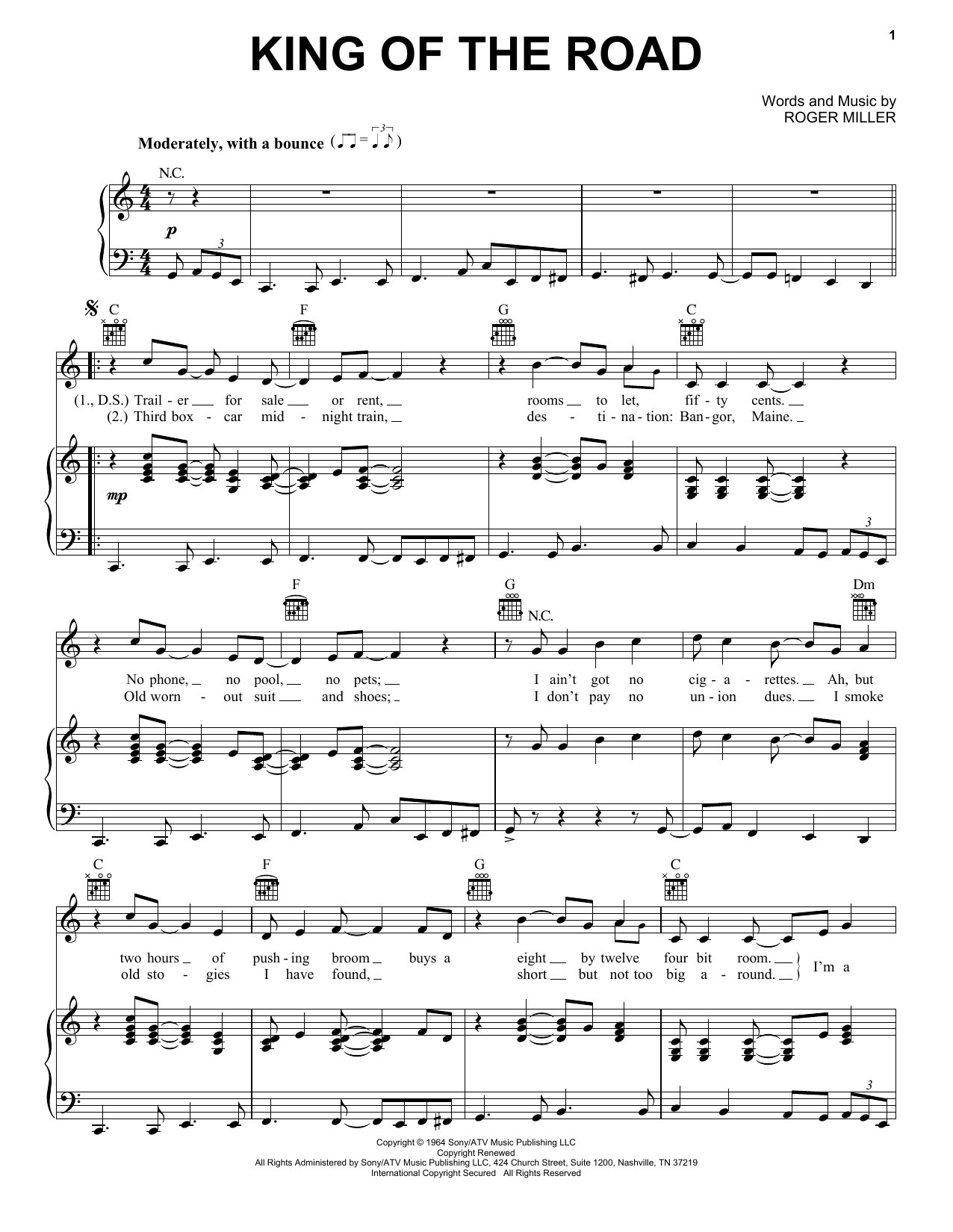 Roger Miller King Of The Road sheet music notes and chords. Download Printable PDF.