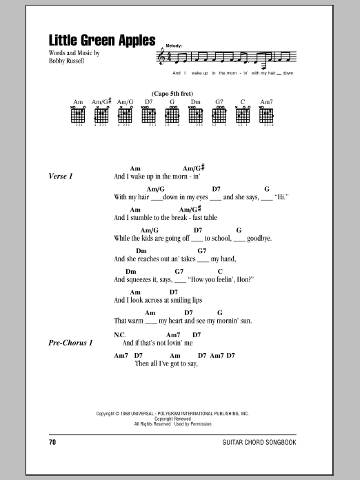 Roger Miller Little Green Apples sheet music notes and chords. Download Printable PDF.