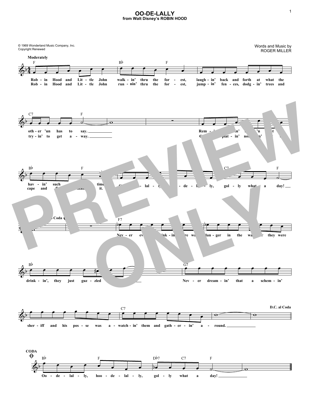 Roger Miller Oo-De-Lally sheet music notes and chords. Download Printable PDF.