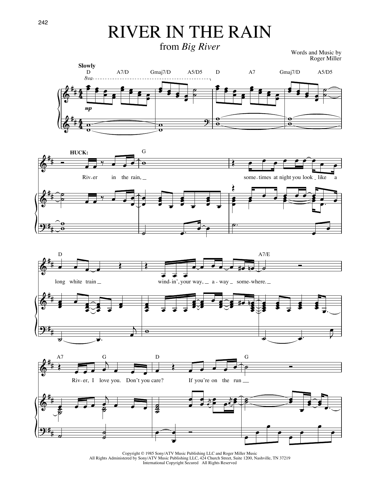 Learn to play Roger Miller River In The Rain (from Big River) sheet music for Piano & Vocal in minutes. Price: 7.8900$ Roger Miller River In The Rain (from Big River) sheet music notes and chords arranged for Piano & Vocal