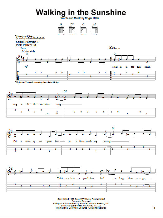 Roger Miller Walking In The Sunshine sheet music notes and chords. Download Printable PDF.