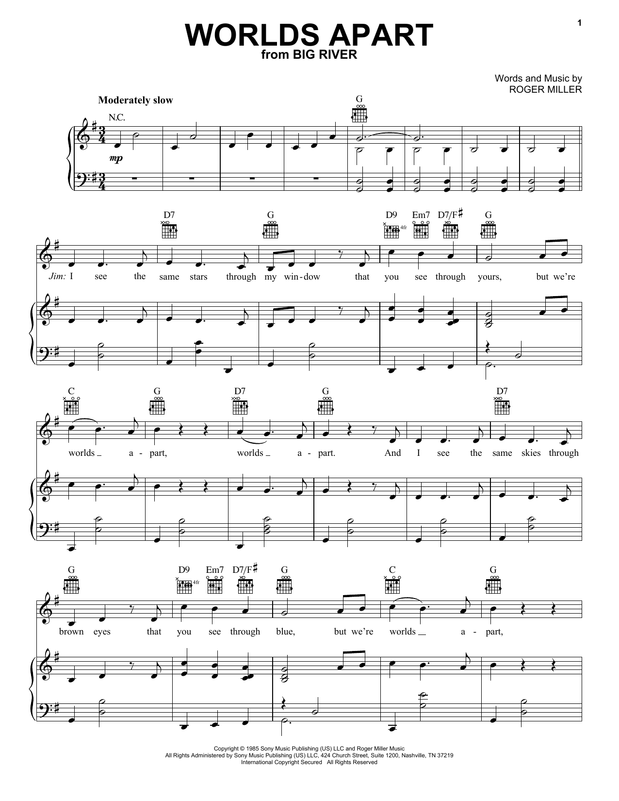 Roger Miller Worlds Apart sheet music notes and chords. Download Printable PDF.