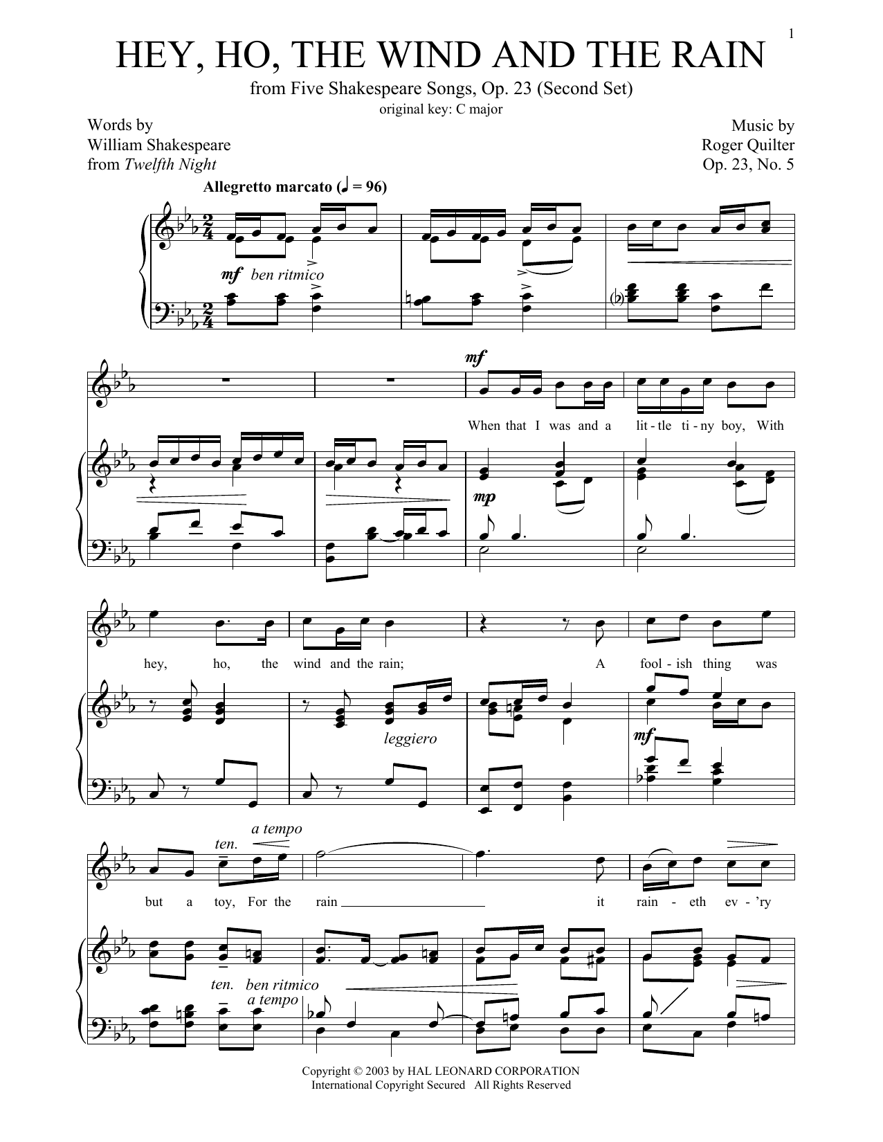 Roger Quilter Hey, Ho, The Wind And The Rain (High Voice) sheet music notes and chords. Download Printable PDF.