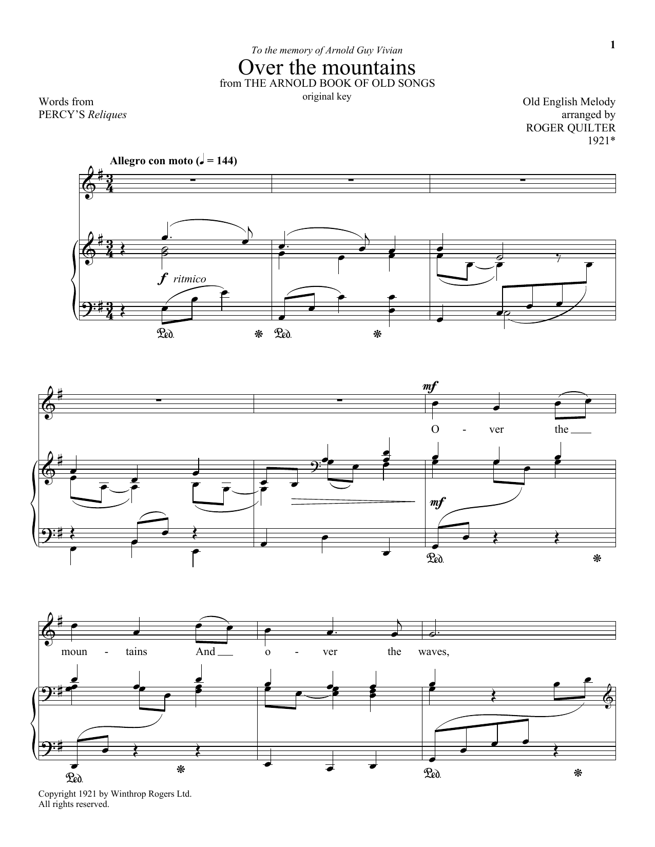 Roger Quilter Over The Mountains sheet music notes and chords arranged for Piano & Vocal