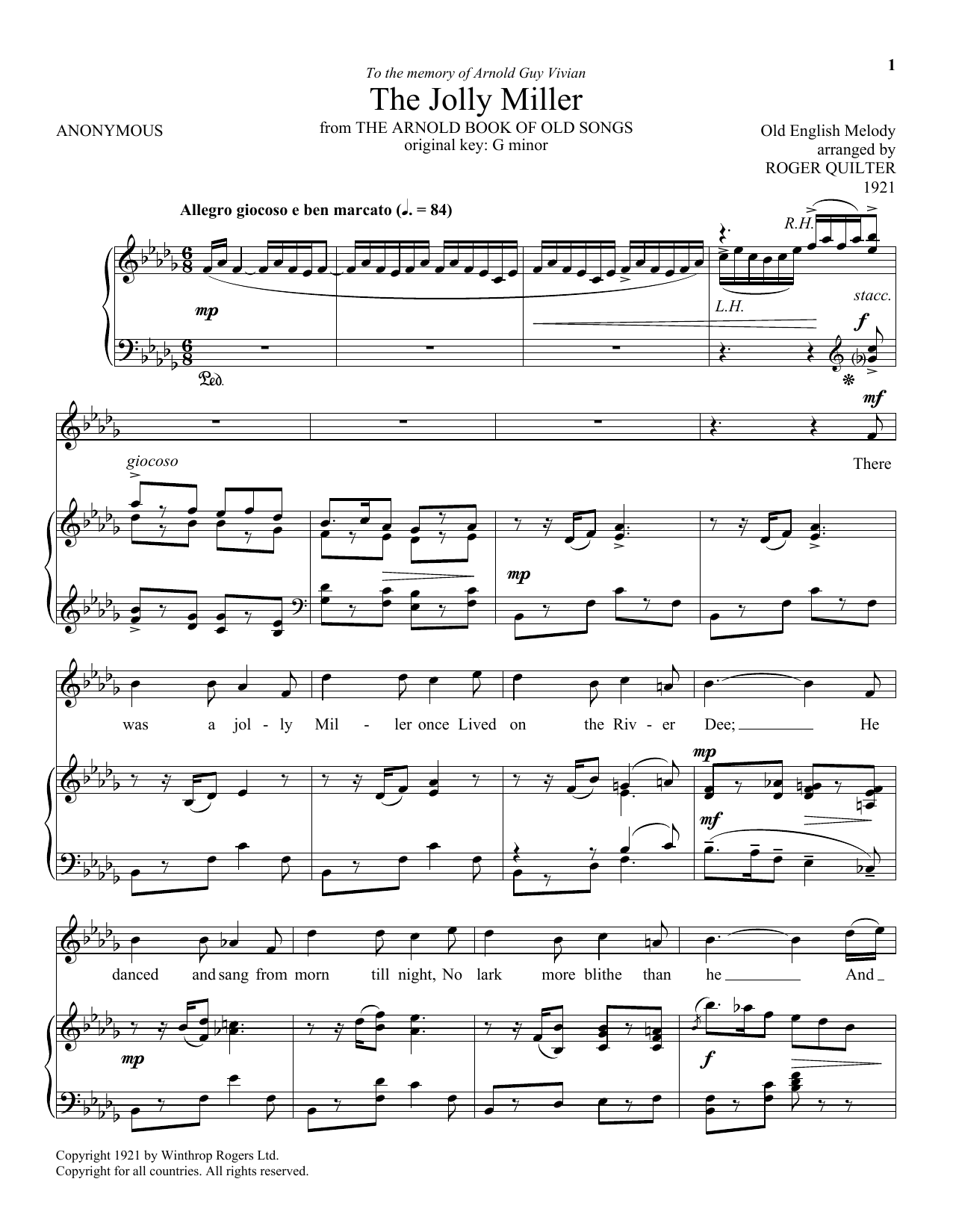 Roger Quilter The Jolly Miller sheet music notes and chords arranged for Piano & Vocal