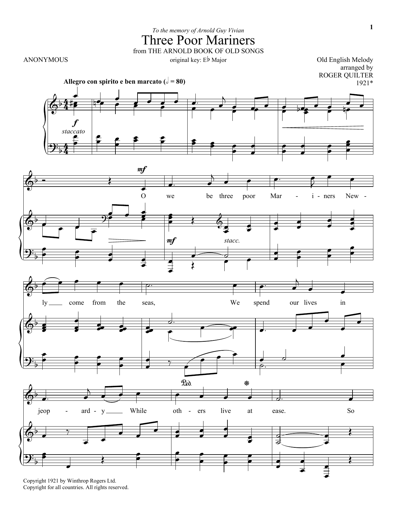 Roger Quilter Three Poor Mariners sheet music notes and chords arranged for Piano & Vocal