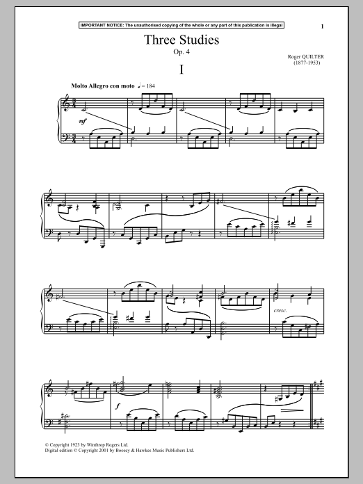 Learn to play Roger Quilter Three Studies, Op. 4, I. sheet music for Piano Solo in minutes. Price: 7.8900$ Roger Quilter Three Studies, Op. 4, I. sheet music notes and chords arranged for Piano Solo