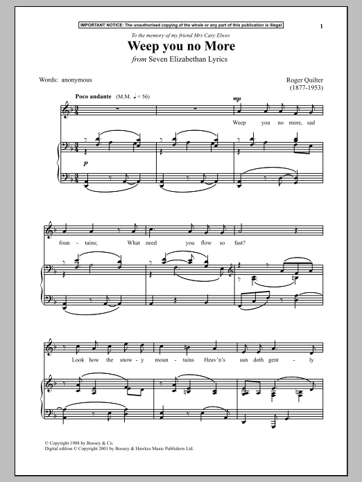 Roger Quilter Weep You No More (from Seven Elizabethan Lyrics) sheet music notes and chords. Download Printable PDF.