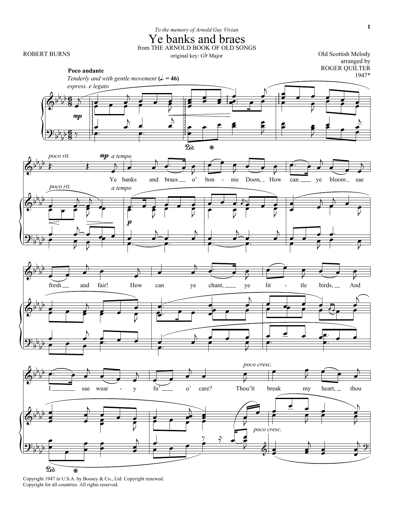 Roger Quilter Ye Banks And Braes sheet music notes and chords arranged for Piano & Vocal