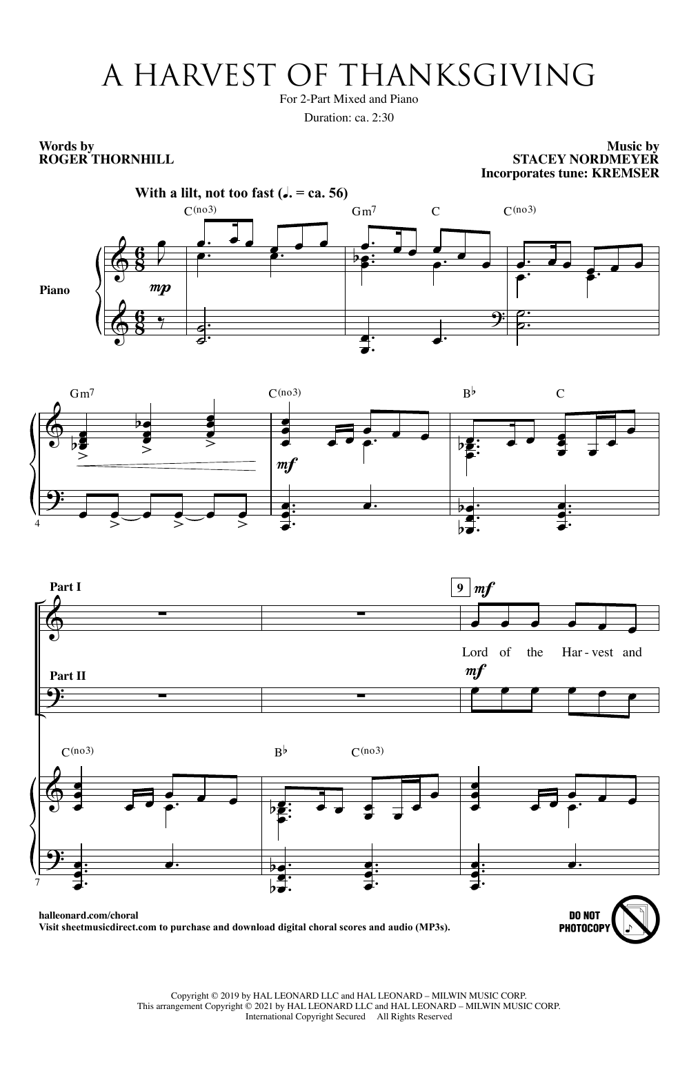 Roger Thornhill and Stacey Nordmeyer A Harvest Of Thanksgiving sheet music notes and chords. Download Printable PDF.