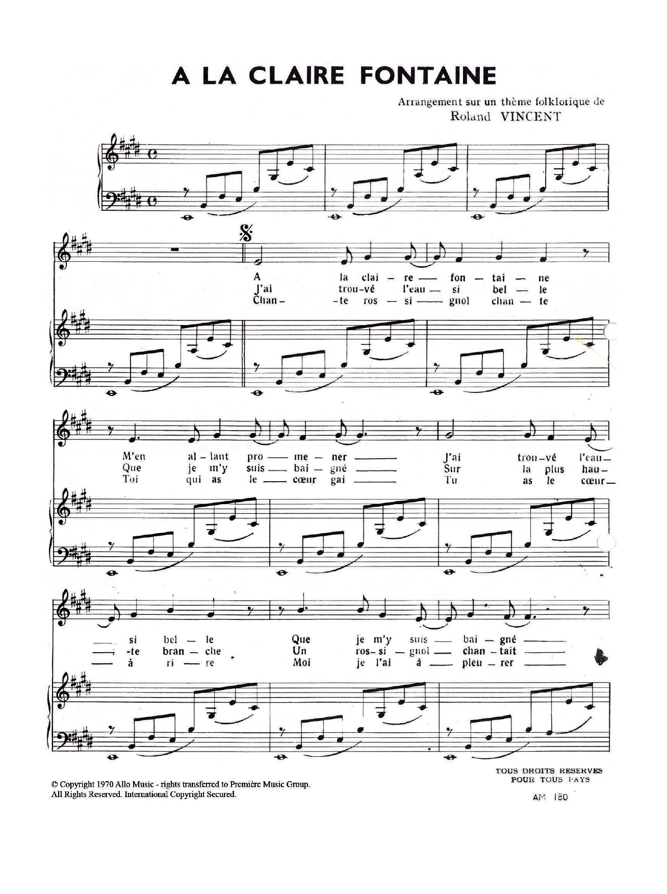 Roland Vincent A La Claire Fontaine sheet music notes and chords. Download Printable PDF.