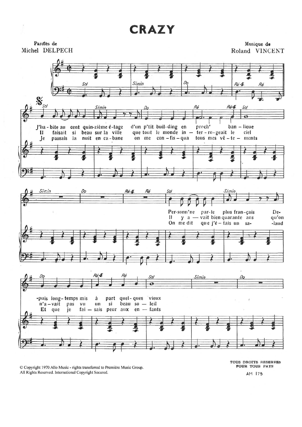 Learn to play Roland Vincent Crazy sheet music for Piano & Vocal in minutes. Price: 7.8900$ Roland Vincent Crazy sheet music notes and chords arranged for Piano & Vocal