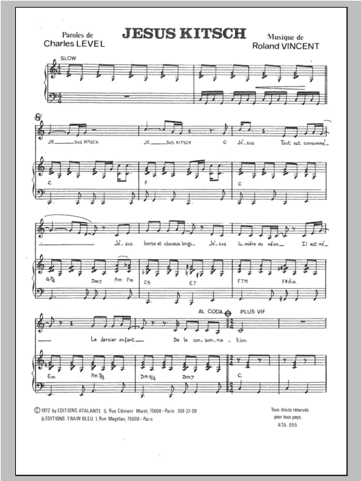 Learn to play Roland Vincent Jesus Kitsch sheet music for Piano & Vocal in minutes. Price: 7.8900$ Roland Vincent Jesus Kitsch sheet music notes and chords arranged for Piano & Vocal