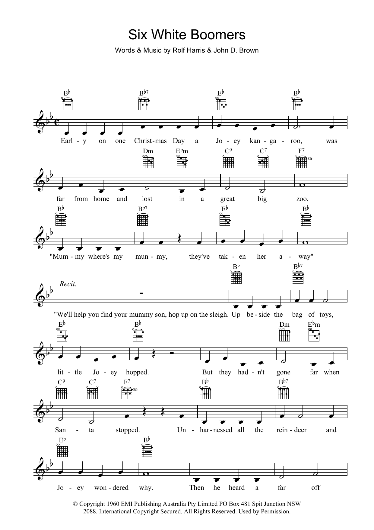 Rolf Harris Six White Boomers sheet music notes and chords arranged for Lead Sheet / Fake Book