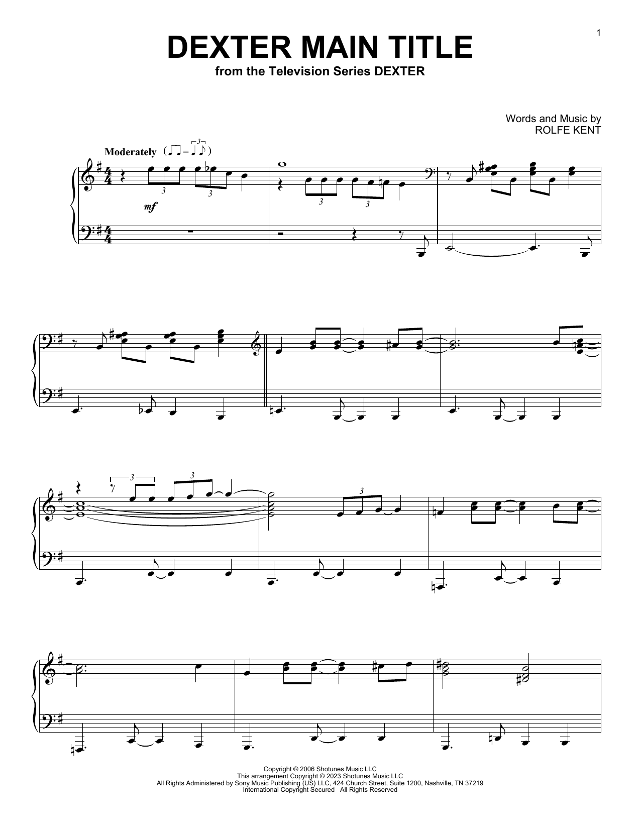 Learn to play Rolfe Kent Dexter Main Title sheet music for Piano Solo in minutes. Price: 7.8900$ Rolfe Kent Dexter Main Title sheet music notes and chords arranged for Piano Solo