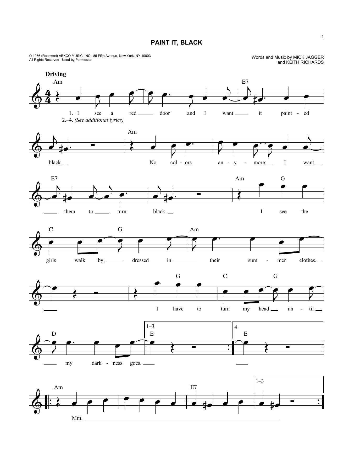 Rolling Stones Paint It, Black sheet music notes and chords. Download Printable PDF.