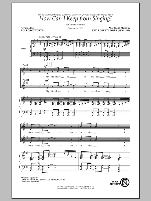 Learn to play Rollo Dilworth How Can I Keep From Singing sheet music for 2-Part Choir in minutes. Price: 3.9900$ Rollo Dilworth How Can I Keep From Singing sheet music notes and chords arranged for 2-Part Choir