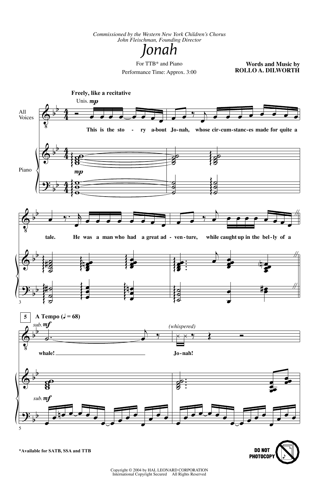 Learn to play Rollo Dilworth Jonah sheet music for TTB Choir in minutes. Price: 3.9900$ Rollo Dilworth Jonah sheet music notes and chords arranged for TTB Choir
