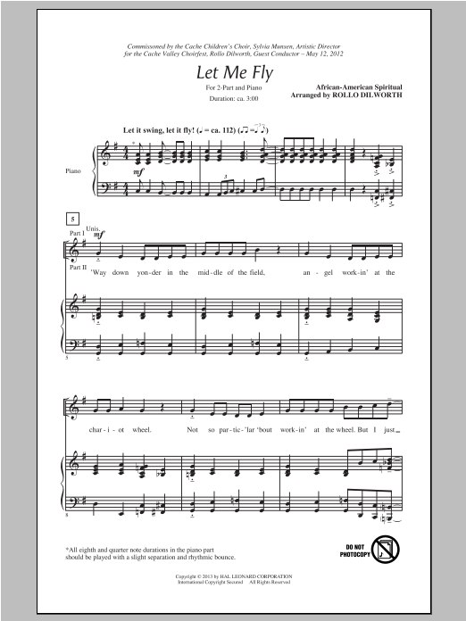 Learn to play Rollo Dilworth Let Me Fly sheet music for 2-Part Choir in minutes. Price: 3.9900$ Rollo Dilworth Let Me Fly sheet music notes and chords arranged for 2-Part Choir
