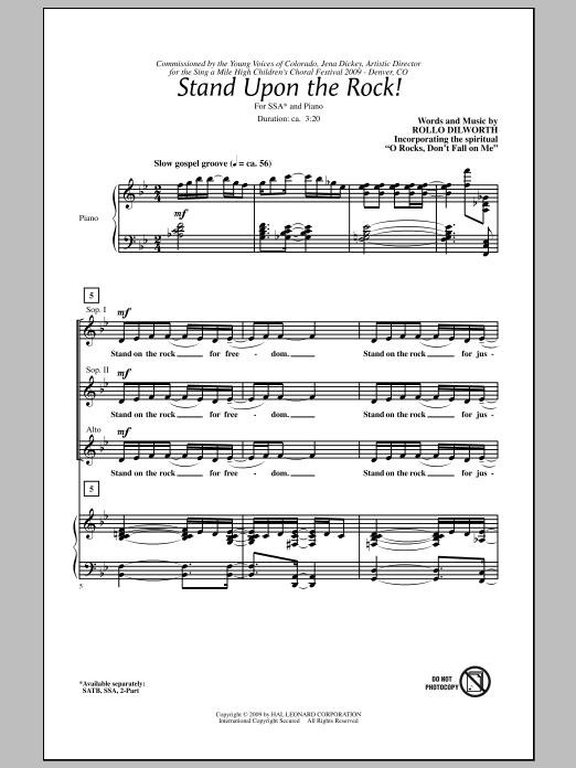 Learn to play Rollo Dilworth Stand Upon The Rock! sheet music for SSA Choir in minutes. Price: 3.9900$ Rollo Dilworth Stand Upon The Rock! sheet music notes and chords arranged for SSA Choir
