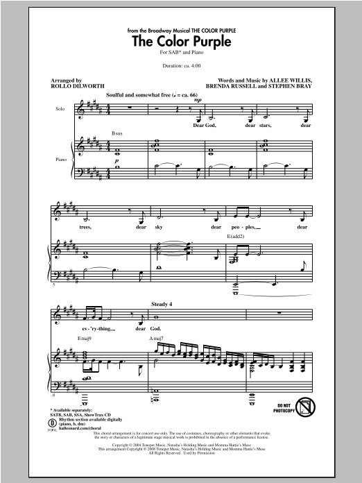 Learn to play The Color Purple (Musical) The Color Purple (arr. Rollo Dilworth) sheet music for SAB Choir in minutes. Price: 3.9900$ The Color Purple (Musical) The Color Purple (arr. Rollo Dilworth) sheet music notes and chords arranged for SAB Choir