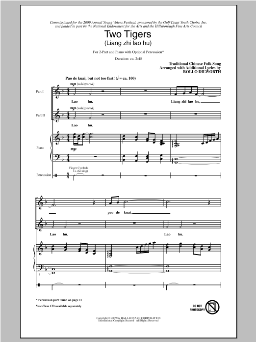 Rollo Dilworth Two Tigers (Liang Ge Lao Hu) sheet music notes and chords. Download Printable PDF.