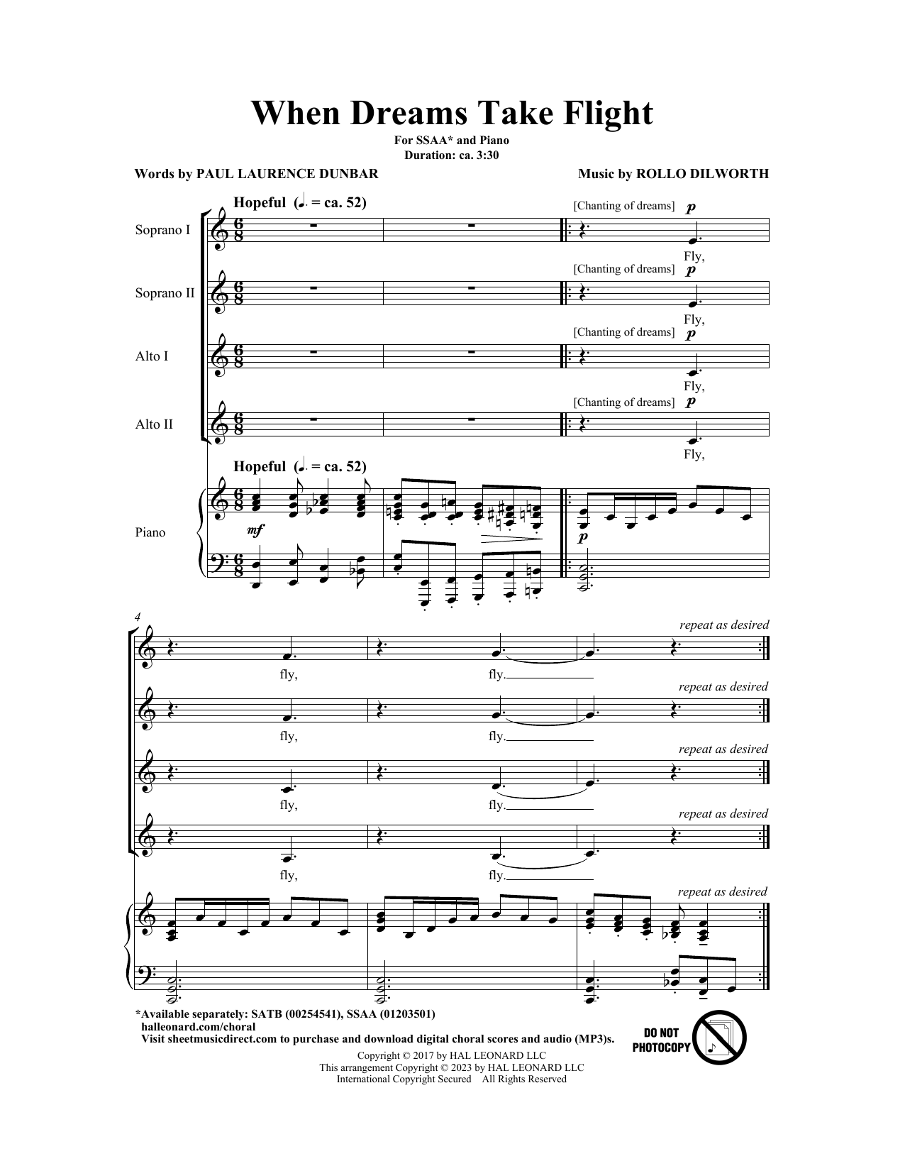 Learn to play Rollo Dilworth When Dreams Take Flight sheet music for SSAA Choir in minutes. Price: 3.9900$ Rollo Dilworth When Dreams Take Flight sheet music notes and chords arranged for SSAA Choir