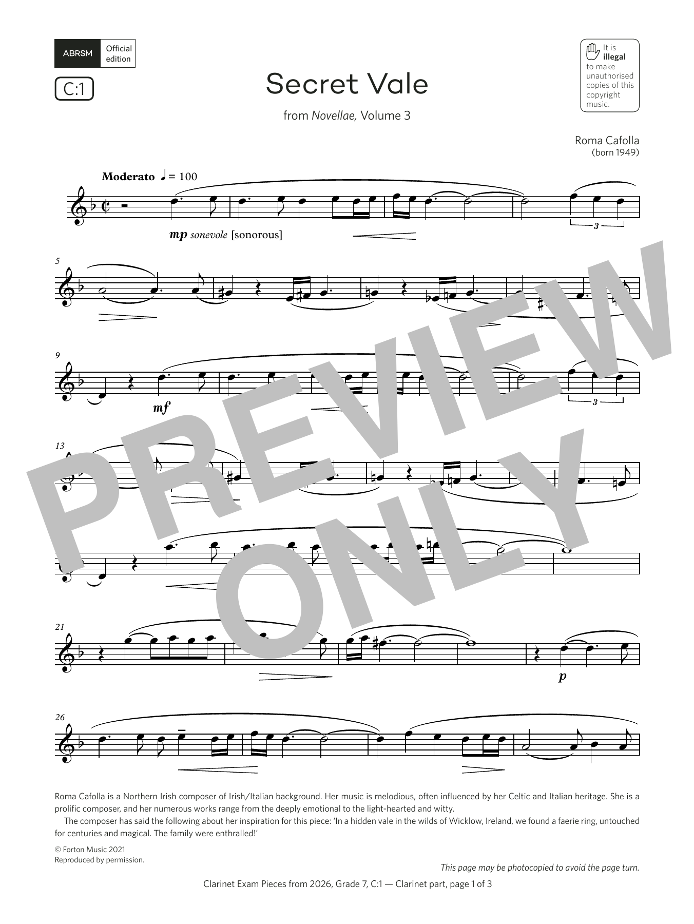 Learn to play Roma Cafolla Secret Vale (Grade 7, list C1, from the ABRSM Clarinet Syllabus from 2026) sheet music for Clarinet Solo in minutes. Price: 6.9900$ Roma Cafolla Secret Vale (Grade 7, list C1, from the ABRSM Clarinet Syllabus from 2026) sheet music notes and chords arranged for Clarinet Solo