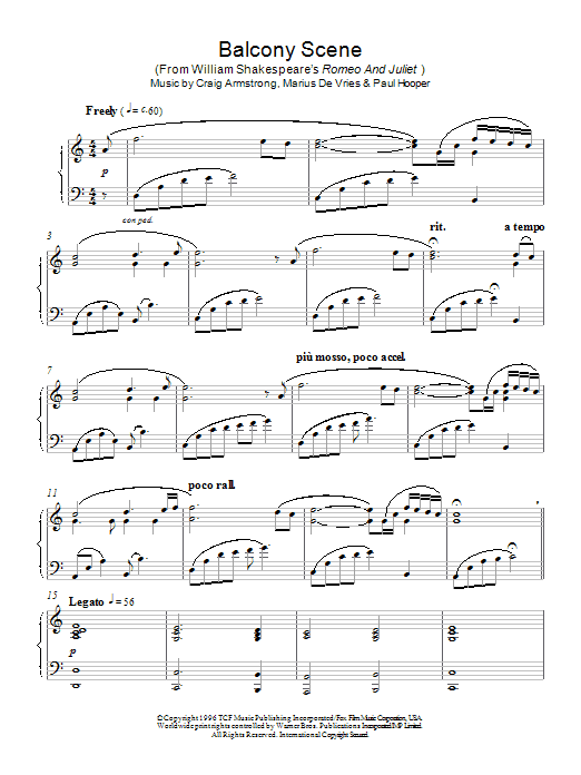 Learn to play Craig Armstrong Balcony Scene (from Romeo And Juliet) sheet music for Piano Solo in minutes. Price: 7.8900$ Craig Armstrong Balcony Scene (from Romeo And Juliet) sheet music notes and chords arranged for Piano Solo