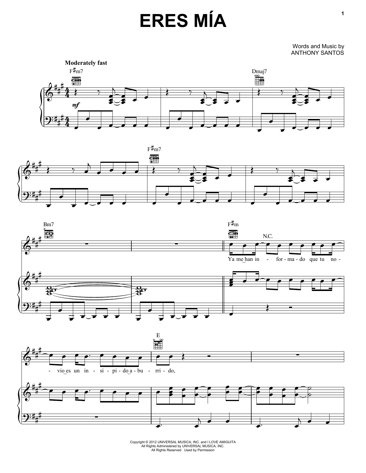 Romeo Santos Eres Mia sheet music notes and chords. Download Printable PDF.