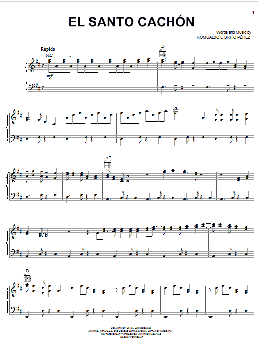 Learn to play Romualdo L. Brito Perez El Santo Cachon sheet music for Piano, Vocal & Guitar Chords (Right-Hand Melody) in minutes. Price: 7.8900$ Romualdo L. Brito Perez El Santo Cachon sheet music notes and chords arranged for Piano, Vocal & Guitar Chords (Right-Hand Melody)