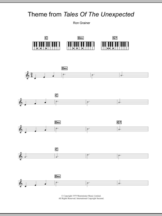 Learn to play Ron Grainer Theme from Tales Of The Unexpected sheet music for Piano Solo in minutes. Price: 7.8900$ Ron Grainer Theme from Tales Of The Unexpected sheet music notes and chords arranged for Piano Solo