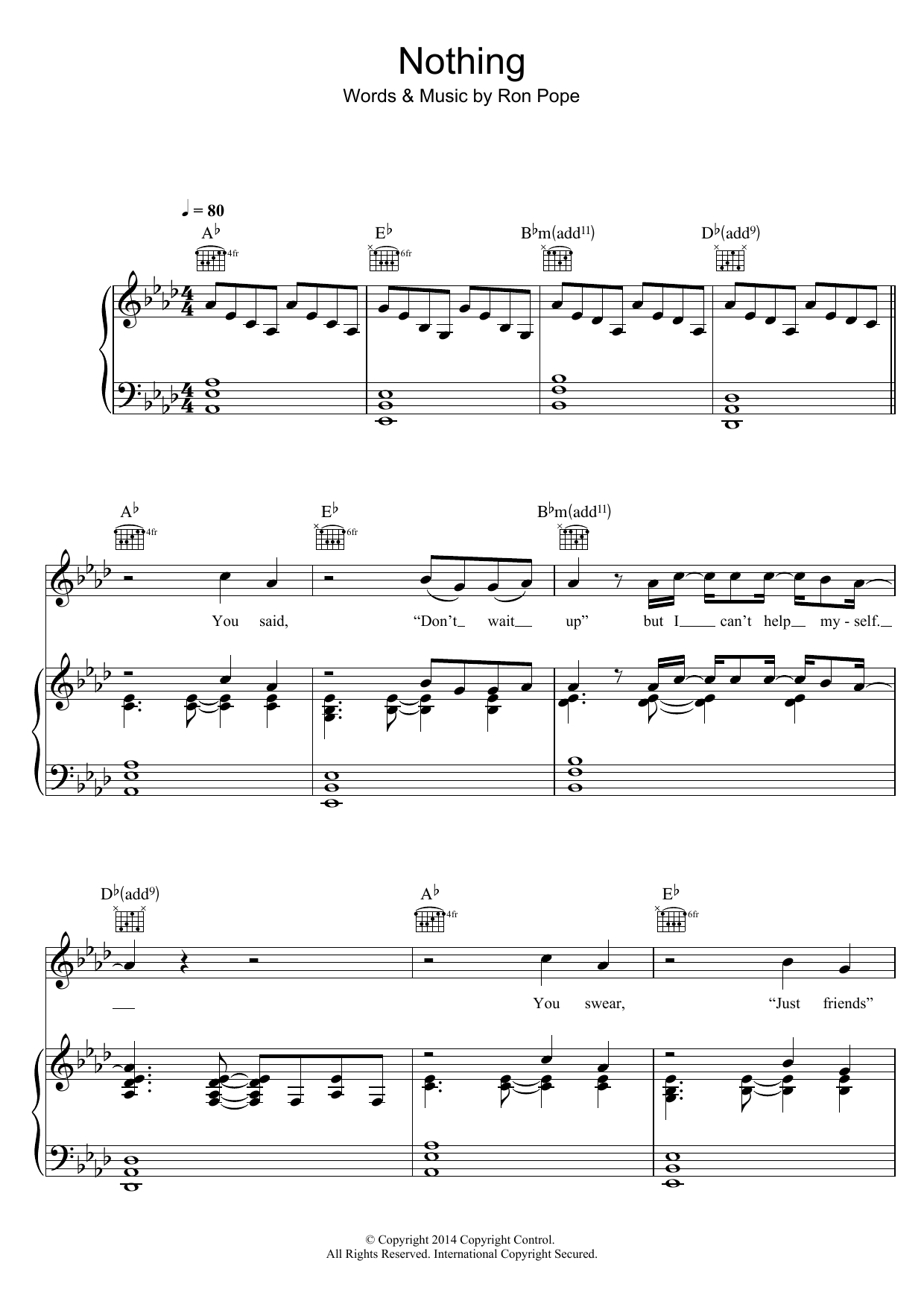 Learn to play Ron Pope Nothing (feat. Alexz Johnson) sheet music for Piano, Vocal & Guitar Chords in minutes. Price: 7.8900$ Ron Pope Nothing (feat. Alexz Johnson) sheet music notes and chords arranged for Piano, Vocal & Guitar Chords