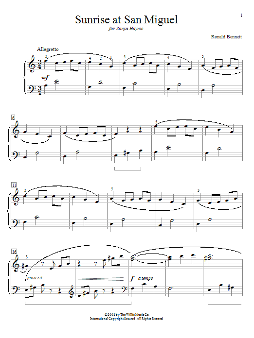 Learn to play Ronald Bennett Sunrise At San Miguel sheet music for Educational Piano in minutes. Price: 6.9900$ Ronald Bennett Sunrise At San Miguel sheet music notes and chords arranged for Educational Piano