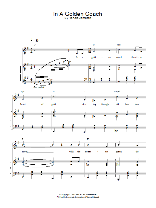 Learn to play Ronald Jamieson In A Golden Coach sheet music for Piano, Vocal & Guitar Chords in minutes. Price: 7.8900$ Ronald Jamieson In A Golden Coach sheet music notes and chords arranged for Piano, Vocal & Guitar Chords