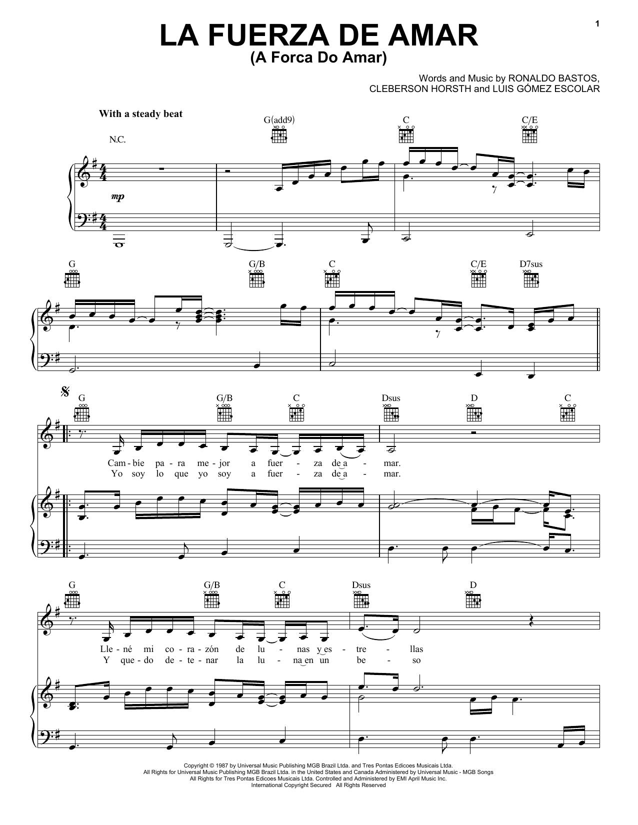 Ronaldo Bastos La Fuerza De Amar (A Forca Do Amar) sheet music notes and chords. Download Printable PDF.