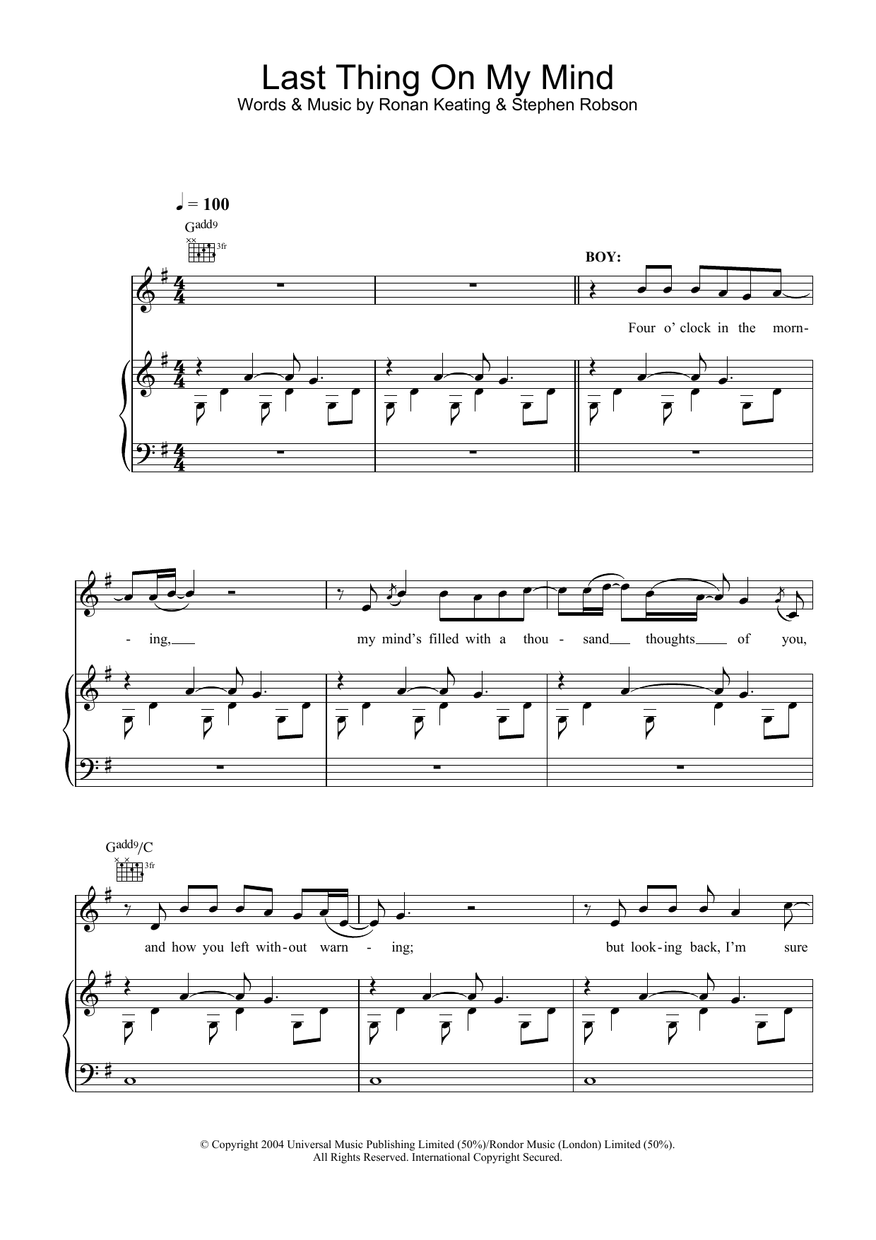 Ronan Keating & LeAnn Rimes Last Thing On My Mind sheet music notes and chords arranged for Piano, Vocal & Guitar Chords