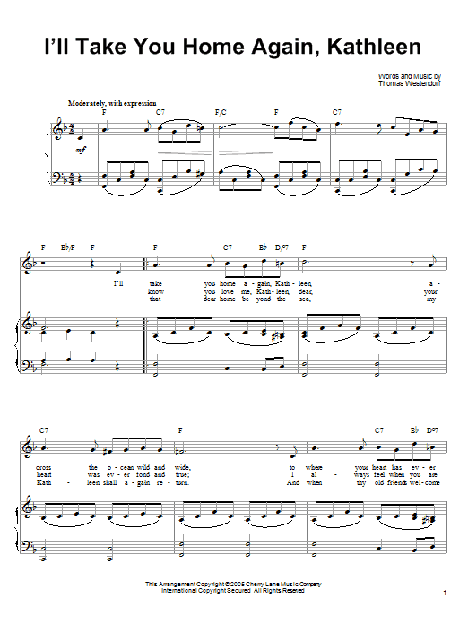 Learn to play Ronan Tynan I'll Take You Home Again, Kathleen sheet music for Piano, Vocal & Guitar Chords (Right-Hand Melody) in minutes. Price: 7.8900$ Ronan Tynan I'll Take You Home Again, Kathleen sheet music notes and chords arranged for Piano, Vocal & Guitar Chords (Right-Hand Melody)