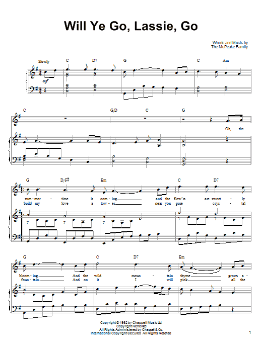 Learn to play Ronan Tynan Will Ye Go, Lassie, Go sheet music for Piano, Vocal & Guitar Chords (Right-Hand Melody) in minutes. Price: 7.8900$ Ronan Tynan Will Ye Go, Lassie, Go sheet music notes and chords arranged for Piano, Vocal & Guitar Chords (Right-Hand Melody)