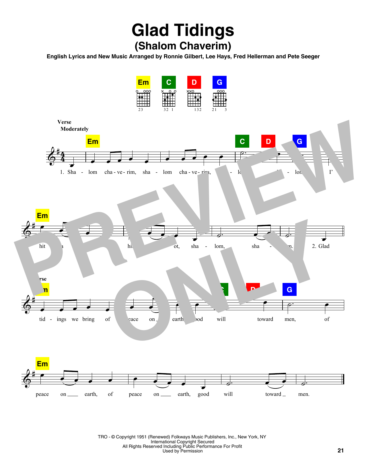 Ronnie Gilbert, Lee Hays, Fred Hellerman & Pete Seeger Glad Tidings (Shalom Chaverim) sheet music notes and chords. Download Printable PDF.