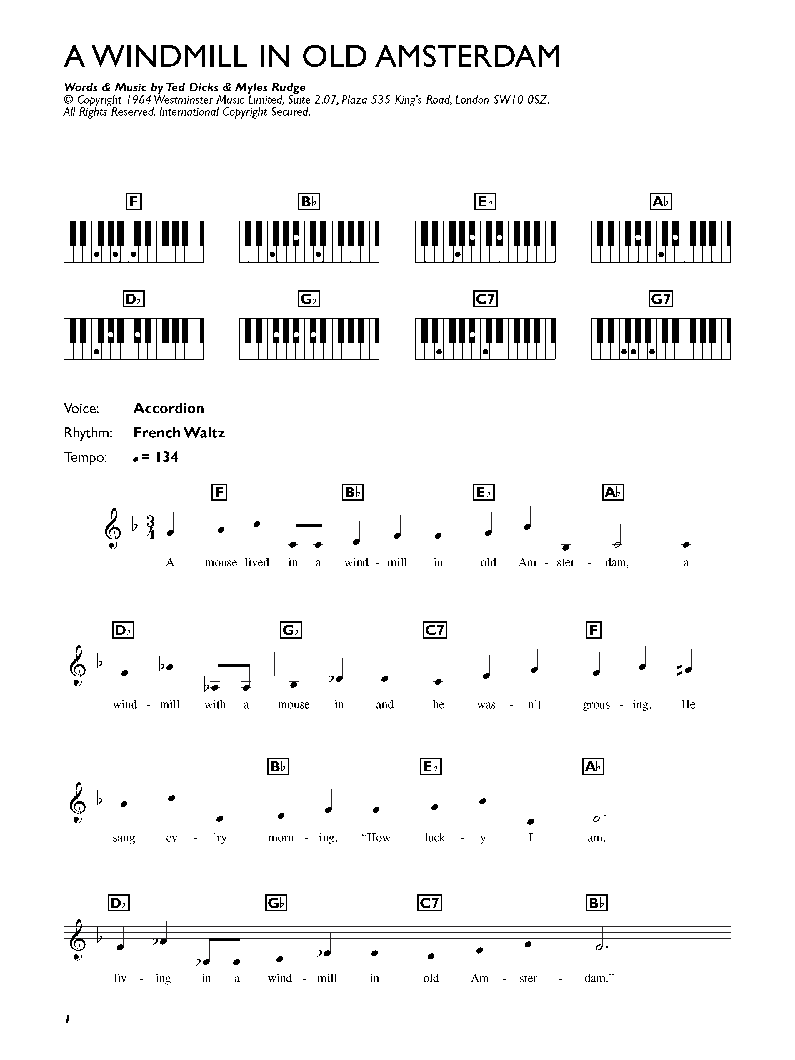 Ronnie Hilton A Windmill In Old Amsterdam sheet music notes and chords arranged for Piano Chords/Lyrics