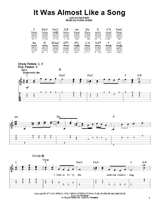 Ronnie Milsap It Was Almost Like A Song sheet music notes and chords. Download Printable PDF.