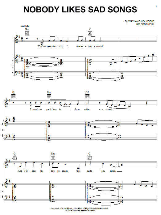Learn to play Ronnie Milsap Nobody Likes Sad Songs sheet music for Piano, Vocal & Guitar Chords (Right-Hand Melody) in minutes. Price: 7.8900$ Ronnie Milsap Nobody Likes Sad Songs sheet music notes and chords arranged for Piano, Vocal & Guitar Chords (Right-Hand Melody)