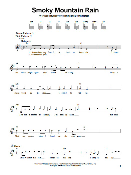 Ronnie Milsap Smoky Mountain Rain sheet music notes and chords. Download Printable PDF.