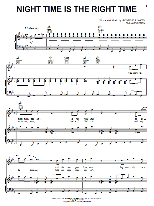 Learn to play Roosevelt Sykes Night Time Is The Right Time sheet music for Piano, Vocal & Guitar Chords (Right-Hand Melody) in minutes. Price: 7.8900$ Roosevelt Sykes Night Time Is The Right Time sheet music notes and chords arranged for Piano, Vocal & Guitar Chords (Right-Hand Melody)