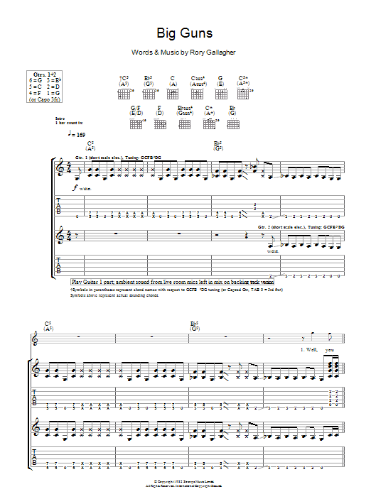 Learn to play Rory Gallagher Big Guns sheet music for Guitar Tab in minutes. Price: 7.8900$ Rory Gallagher Big Guns sheet music notes and chords arranged for Guitar Tab