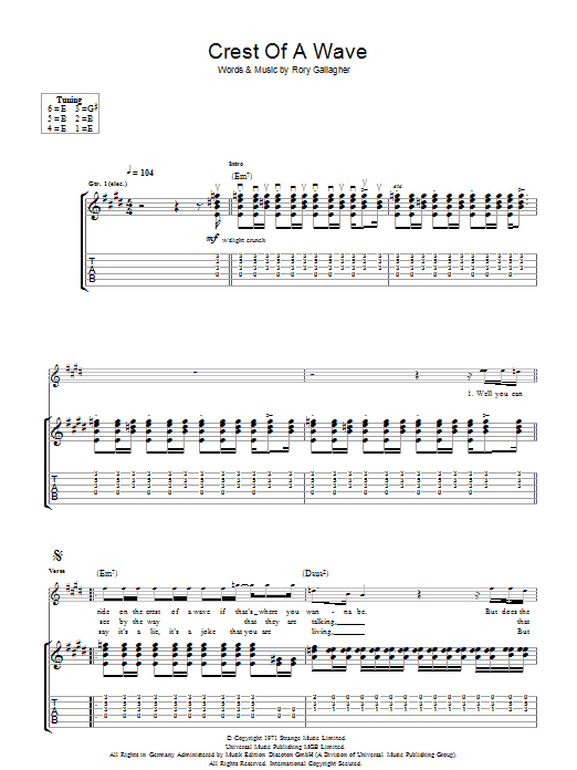 Learn to play Rory Gallagher Crest Of A Wave sheet music for Guitar Tab in minutes. Price: 7.8900$ Rory Gallagher Crest Of A Wave sheet music notes and chords arranged for Guitar Tab