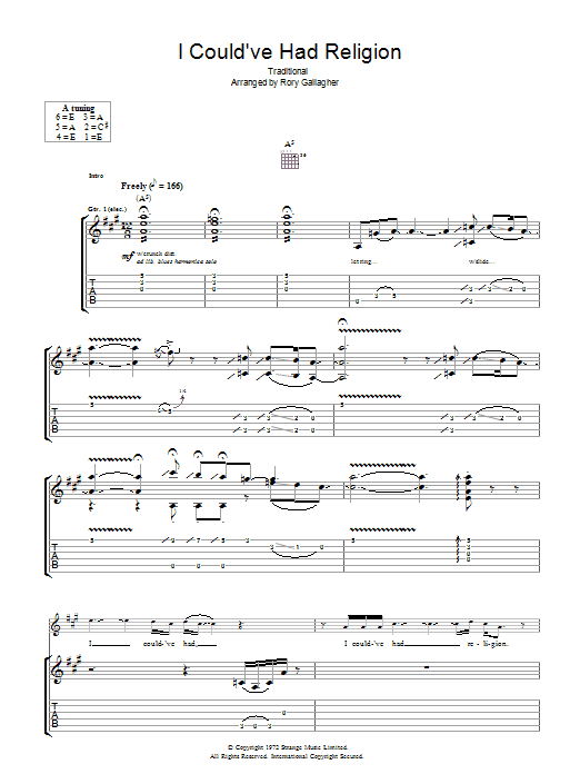 Learn to play Rory Gallagher I Could've Had Religion sheet music for Guitar Tab in minutes. Price: 7.8900$ Rory Gallagher I Could've Had Religion sheet music notes and chords arranged for Guitar Tab
