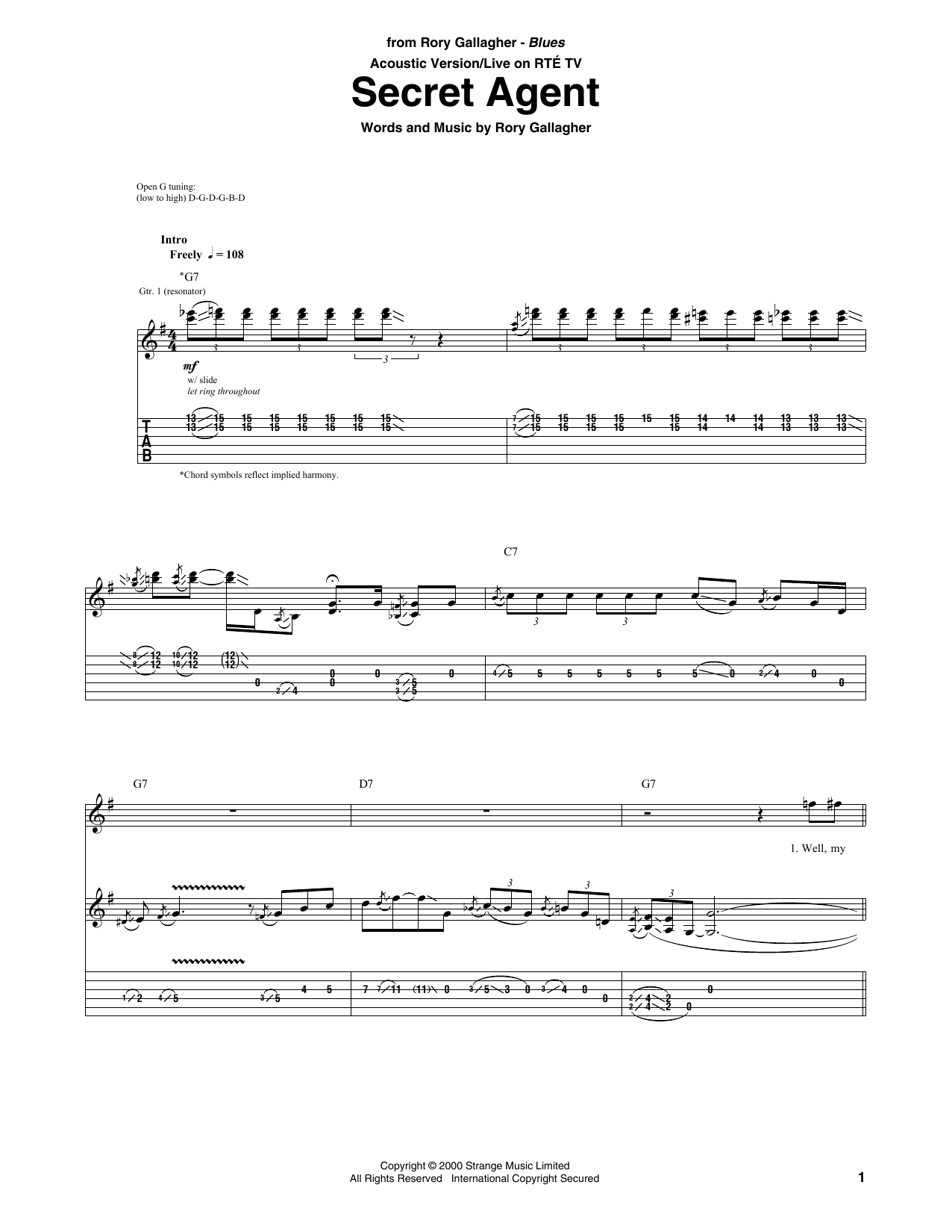 Rory Gallagher Secret Agent sheet music notes and chords. Download Printable PDF.